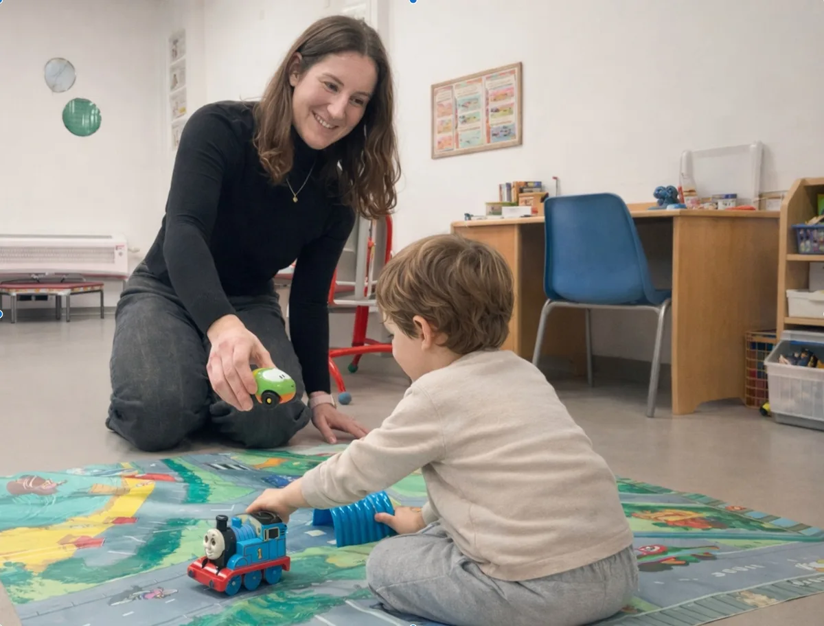 Nina playing with a young child during a speech therapy session