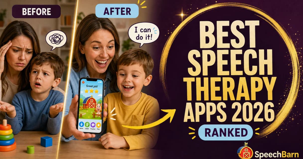 Best speech therapy apps for kids 2026 thumbnail with phone and parent