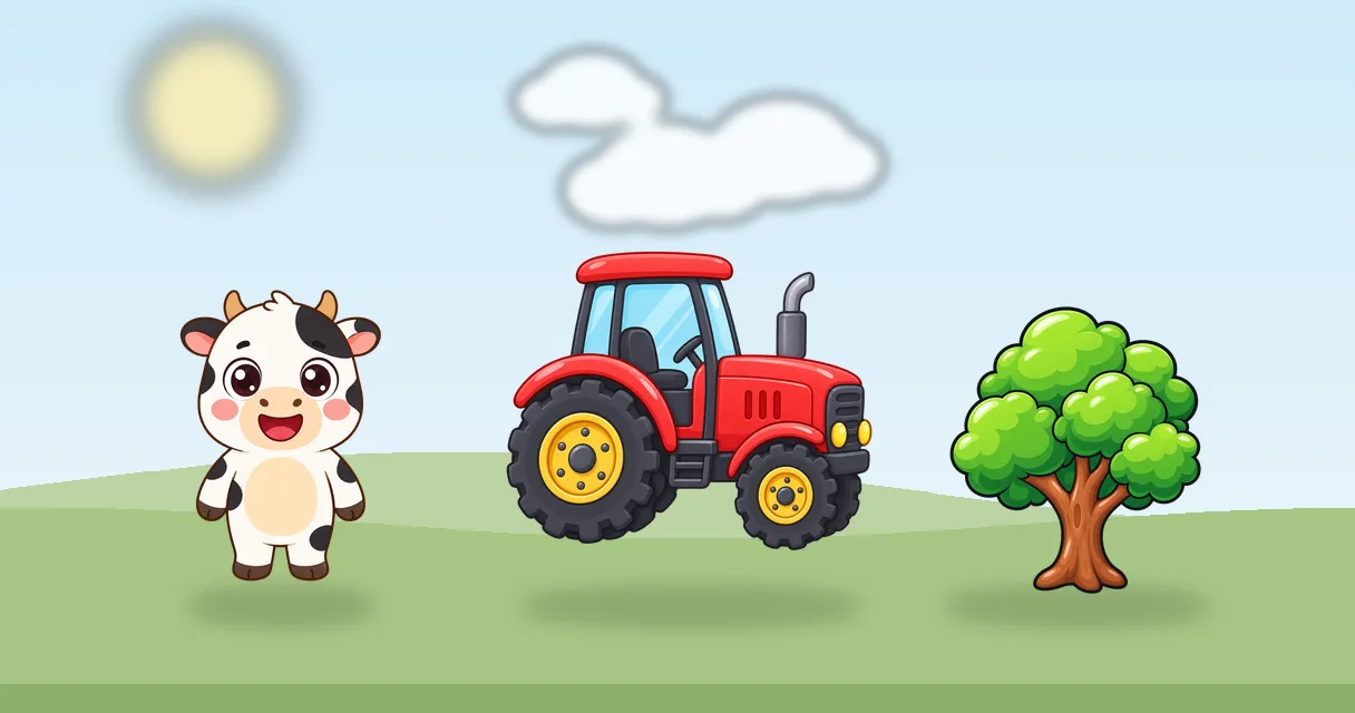 SpeechBarn farm illustration: Mabel the cow, a red tractor and a tree