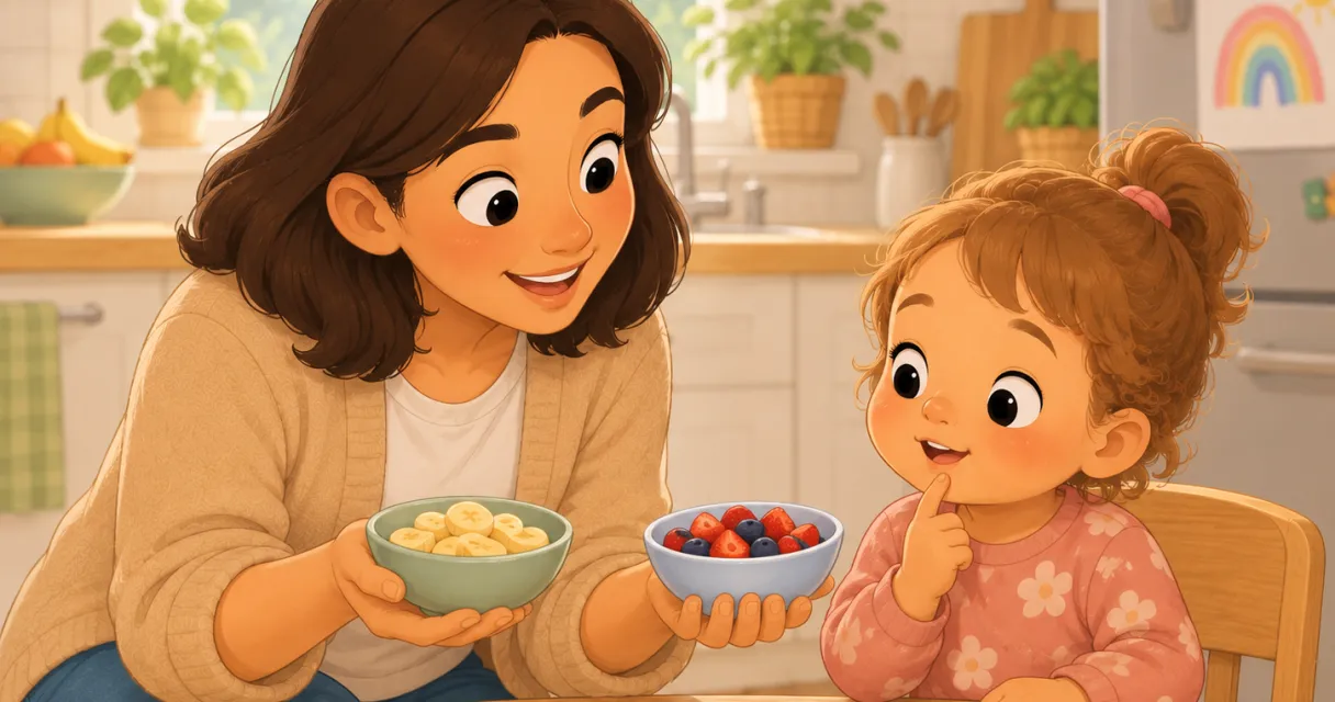 A parent at the kitchen table offering a toddler a choice of two bowls, bananas or berries, while the toddler looks up and answers