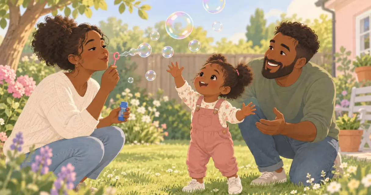 Two parents playing bubbles in the garden with a toddler, who reaches up to catch one