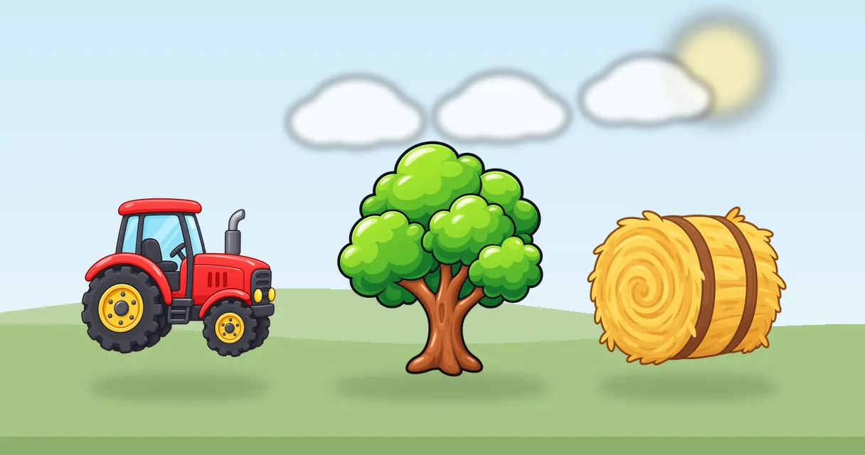SpeechBarn farm illustration: a tractor, a tree and a hay bale