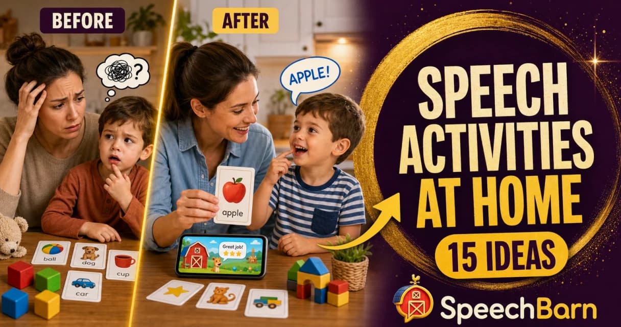 Parent and child doing speech therapy activities at home with bold headline text