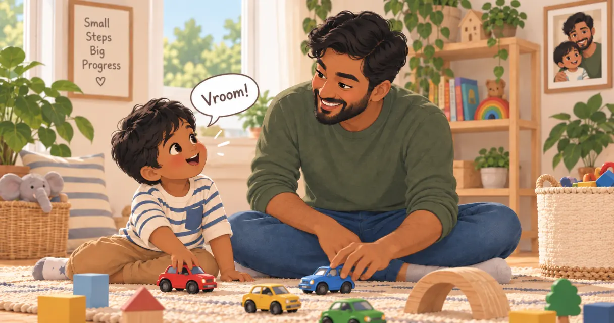 A parent sitting on the rug playing toy cars with a toddler, who looks up and says vroom