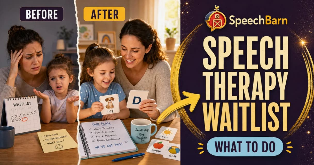 Speech therapy waitlist guide thumbnail with parent planning speech practice