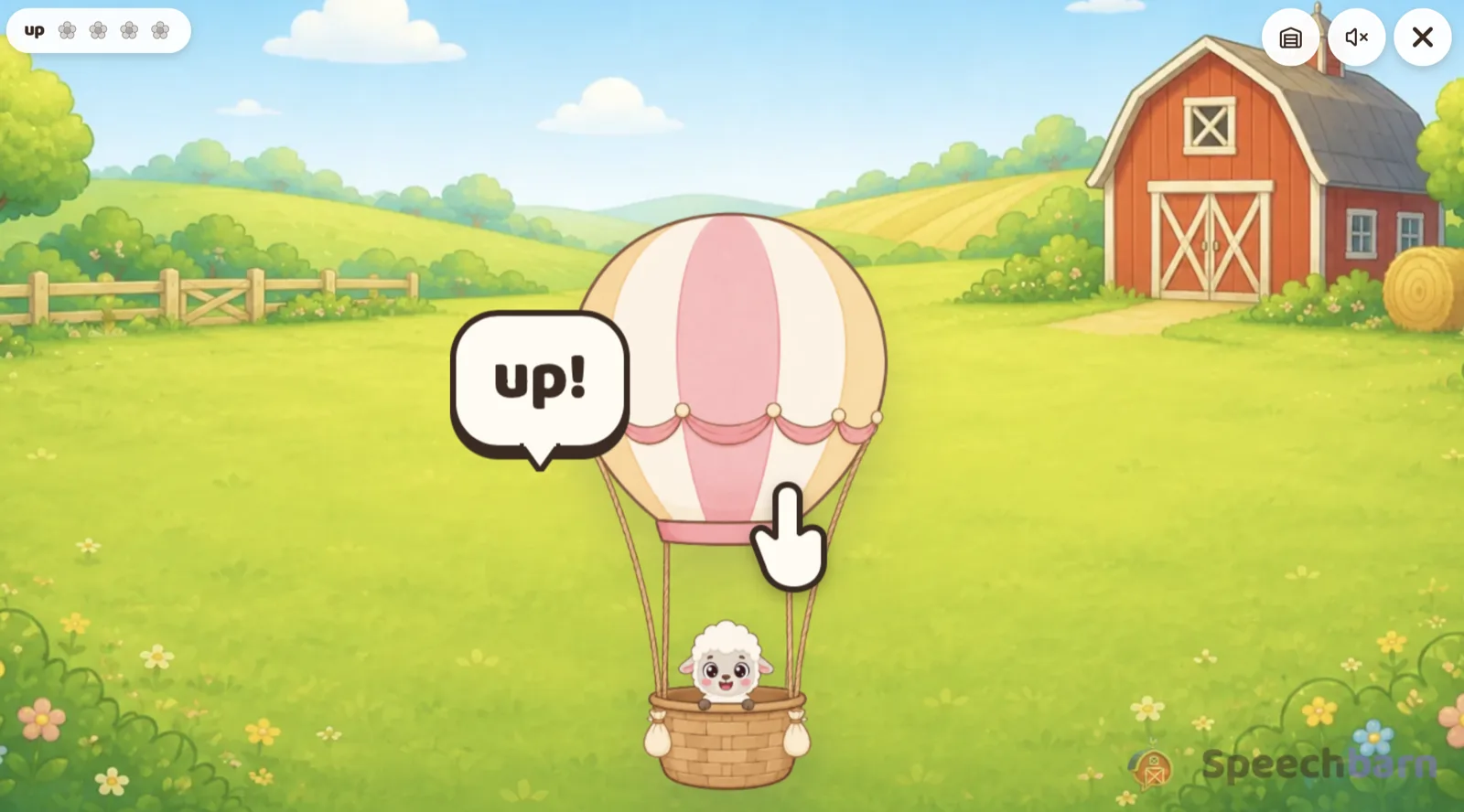 A SpeechBarn game: a lamb rides a hot-air balloon over the farm while the word “up!” pops up to practise