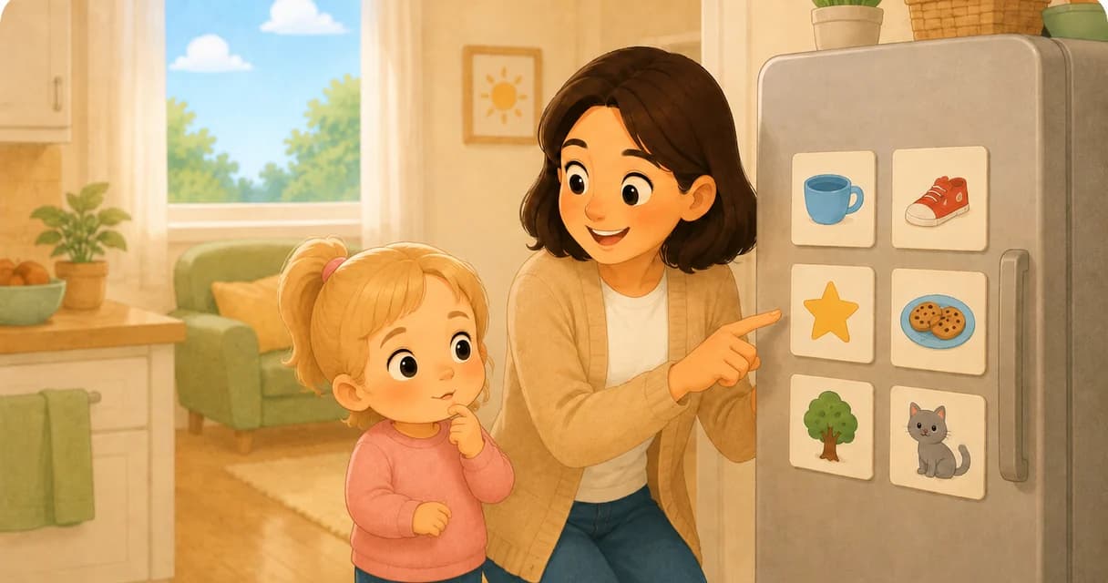 A parent and a toddler at the fridge, pointing at picture cards for cup, shoe, star, biscuit, tree and cat