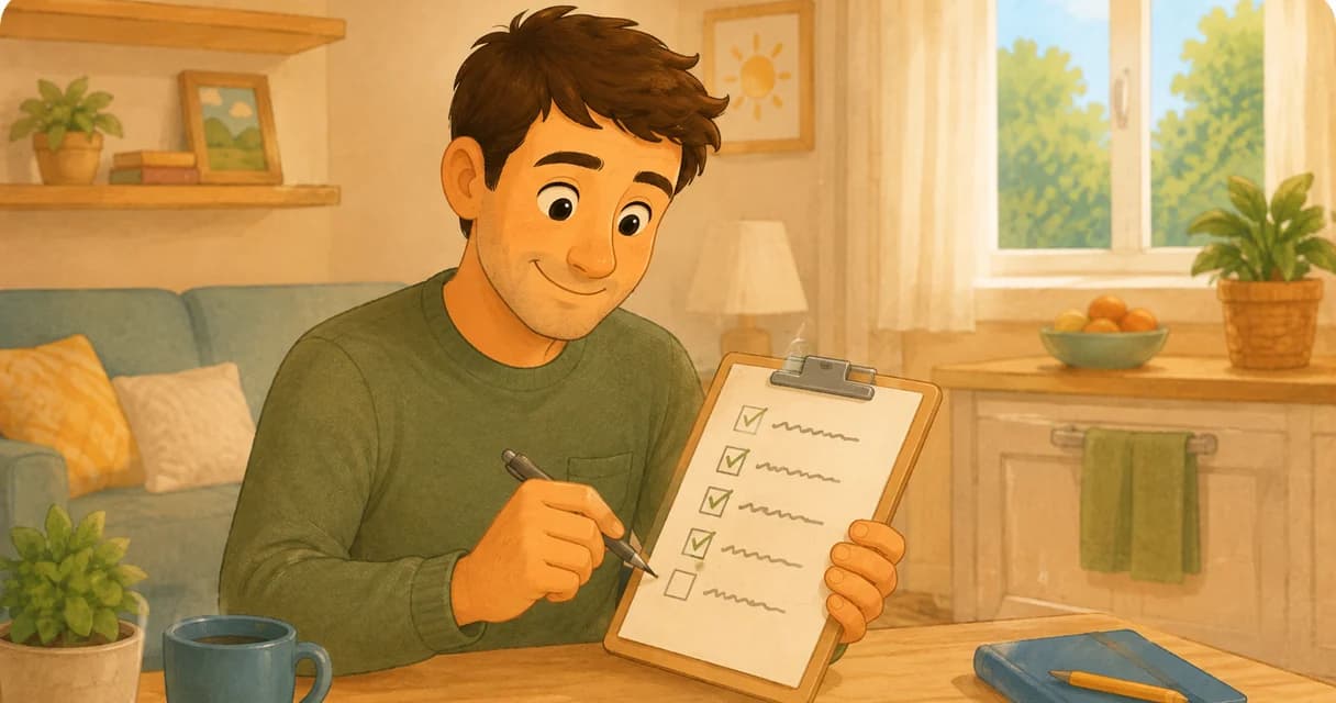 A parent at the kitchen table with a pen, ticking items off a checklist on a clipboard