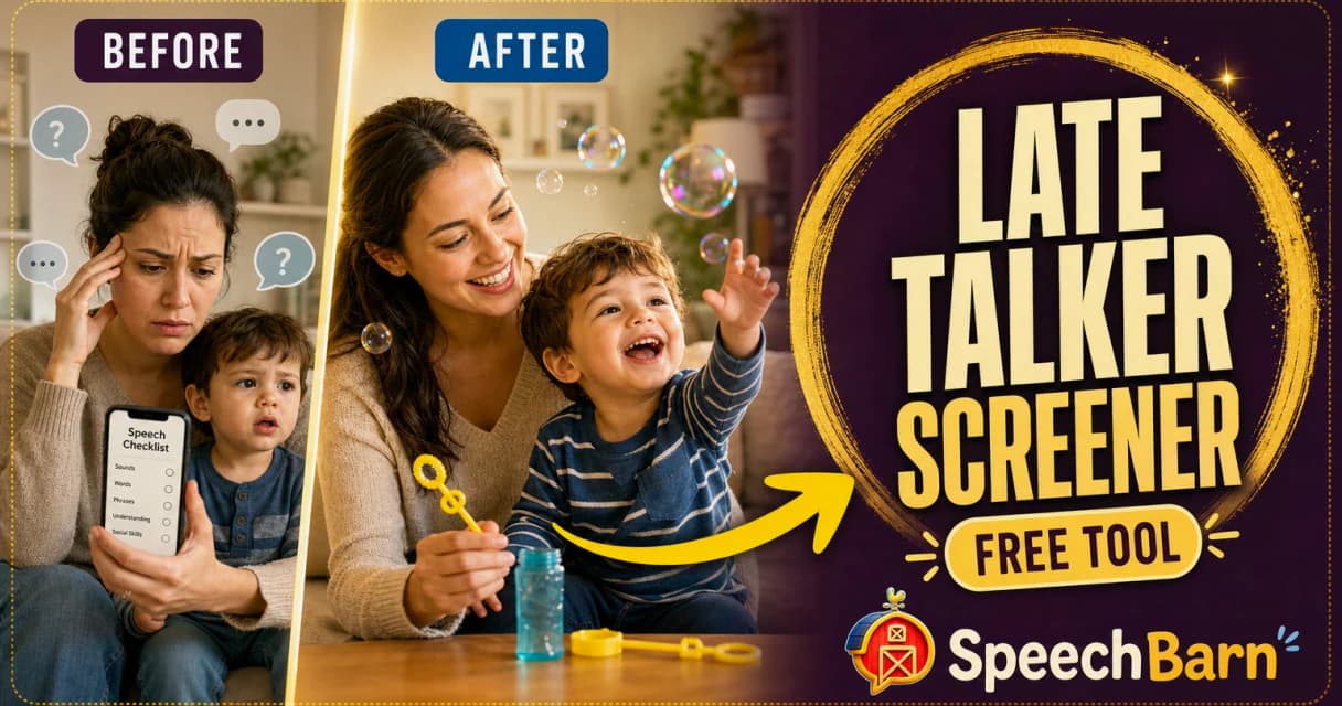 Late talker screener thumbnail with toddler and parent speech bubbles
