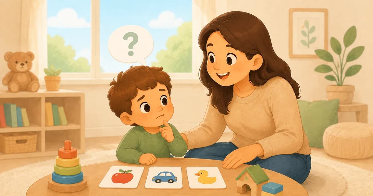 A parent and a toddler at a low table with apple, car and duck picture cards, a question mark above the child