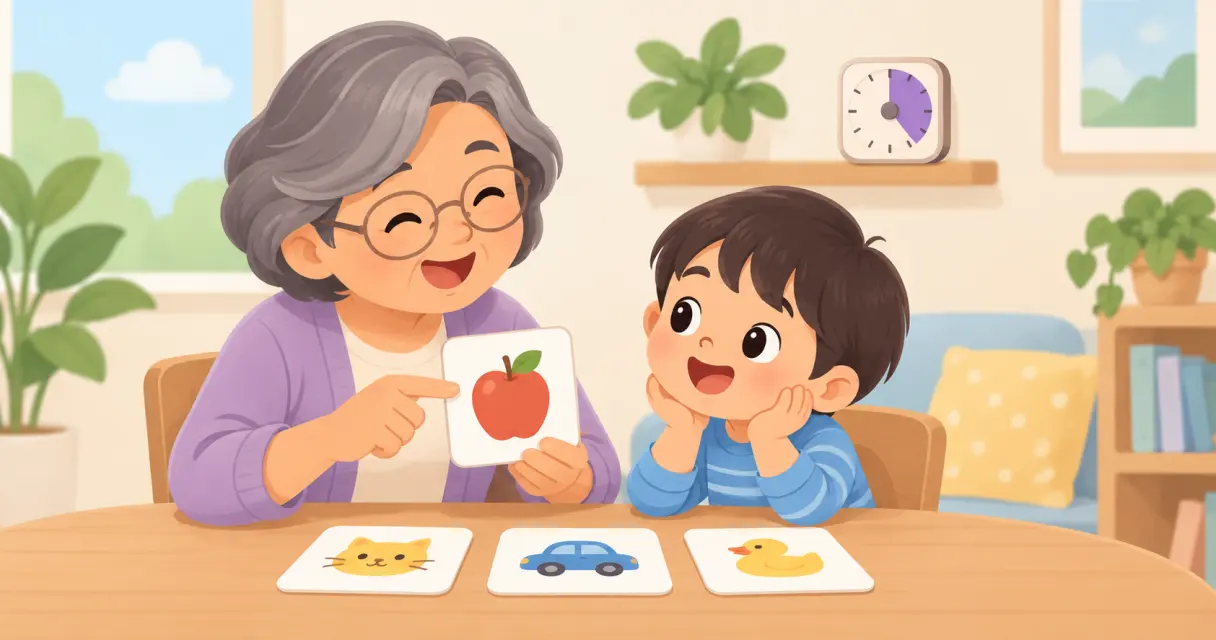 A grandparent and a child sitting at the table with picture cards, a visual timer counting down on the shelf behind them