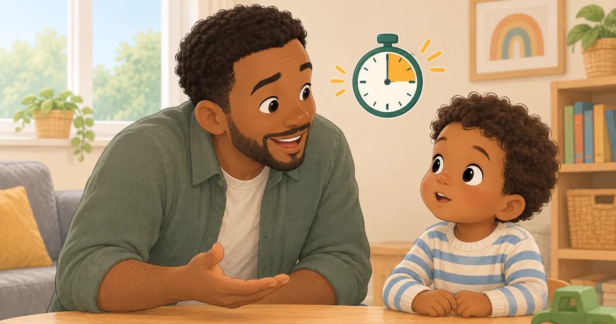 A parent leaning in at the table with an open hand, waiting for a toddler to answer, a stopwatch between them