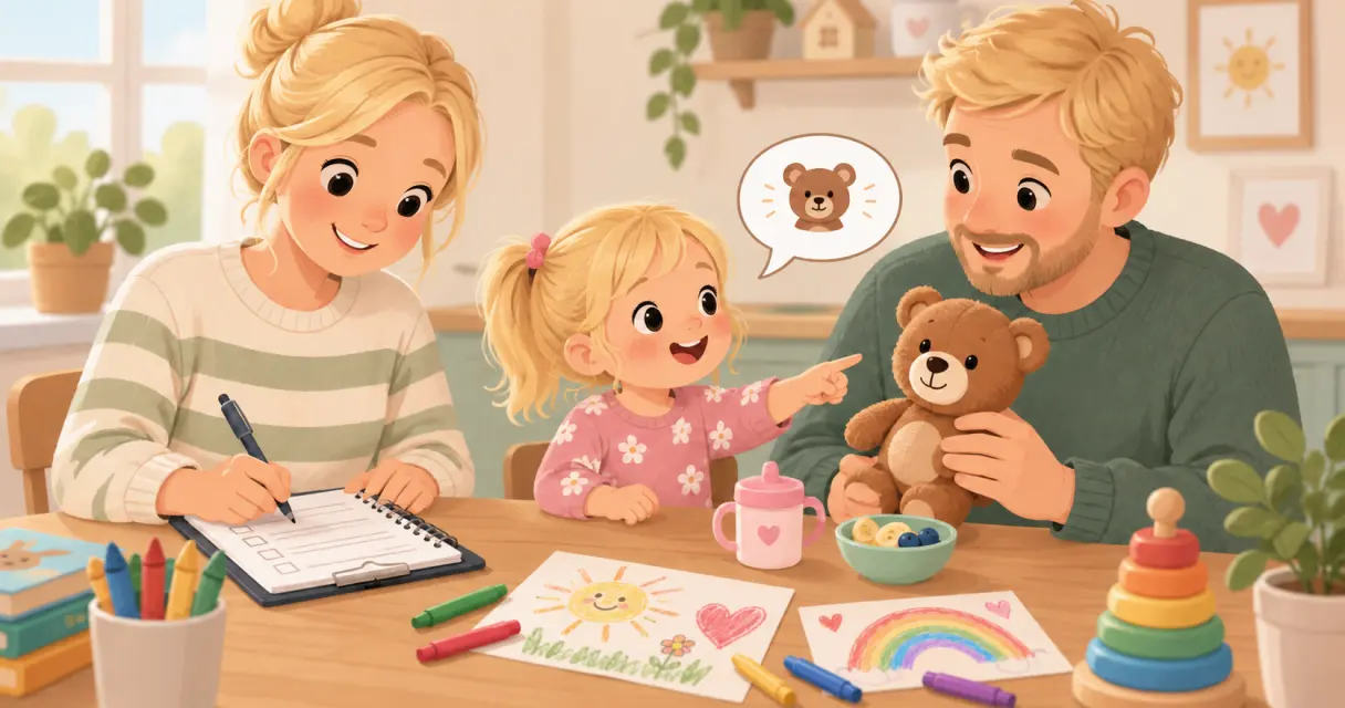 Two parents and a toddler at the kitchen table, one writing notes on a clipboard while the child points at a teddy and says its name